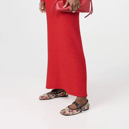 White Mesh Multi Color Floral Embroidery Buckle Strap Mary Jane Flats