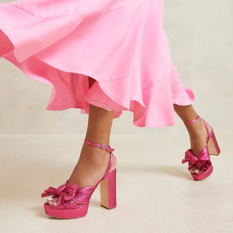 Women's Hot Pink Glitter Heels Peep Toe Ruched Bow Platform Sandals