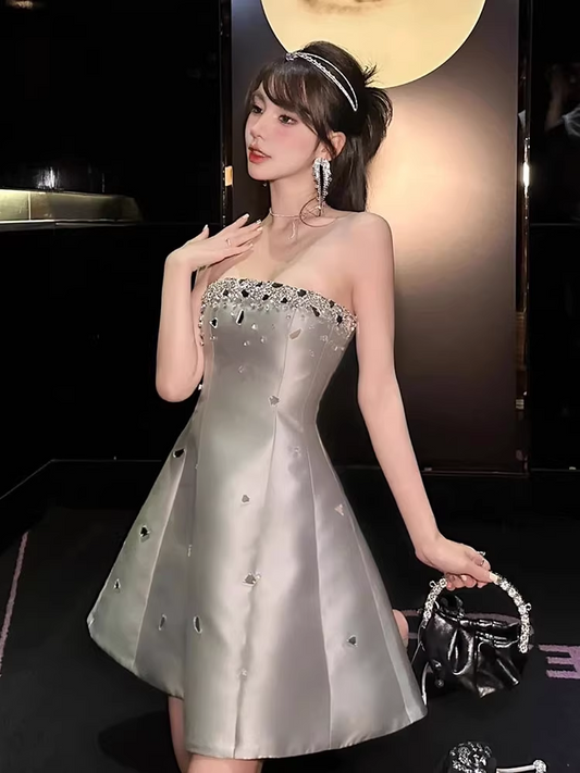 Vintage Silvery Beading Strapless Design A-line Party Dress Homecoming Dress TP3848