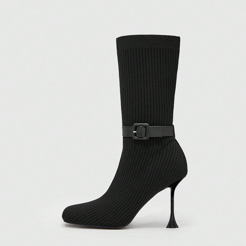 Black Closed Toe 4'' Flared Heel Mid Calf Boots