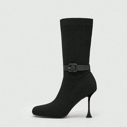 Black Closed Toe 4'' Flared Heel Mid Calf Boots