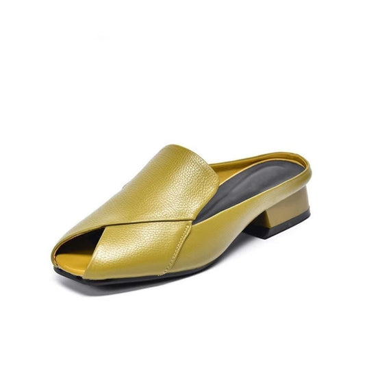 Yellow Opened Toe Chunky Heel Wide Band Mules
