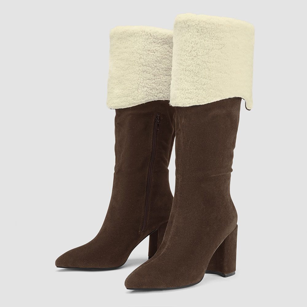 FSJ Brown Vegan Suede Almond Toe Fold Over Fuzzy Knee High Boots
