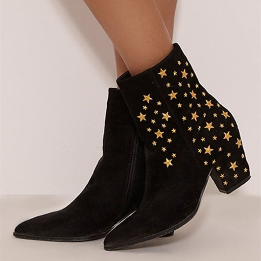 Black Vegan Suede Pointed Toe Block Heel Stars Ankle Boots