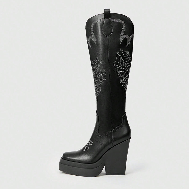 Black Sewed Halloween Square Toe Chunky Heel Platform Knee High Boots