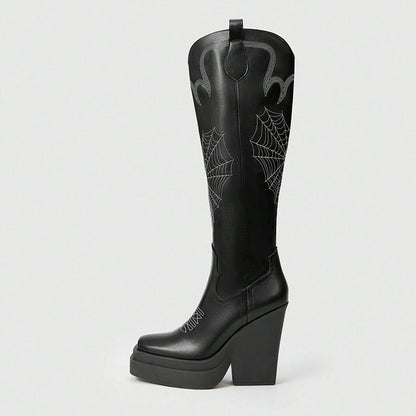 Black Sewed Halloween Square Toe Chunky Heel Platform Knee High Boots