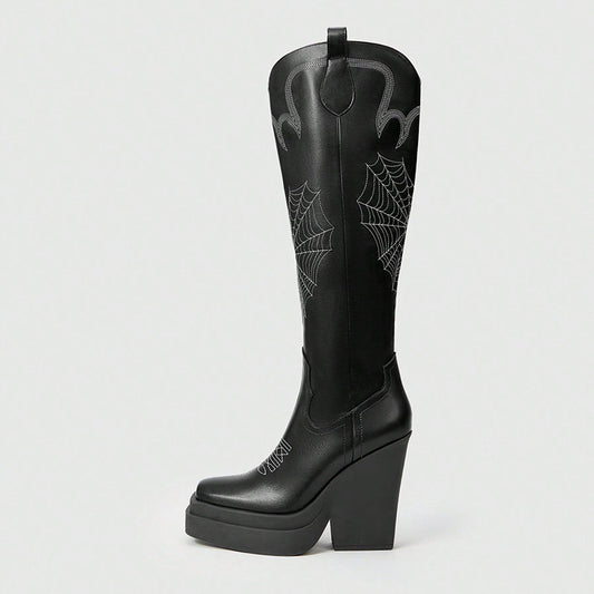 Black Sewed Halloween Square Toe Chunky Heel Platform Knee High Boots