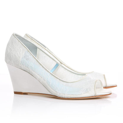 Women's Elegant White Lace Wedding Shoes Peep Toe Wedge Pumps