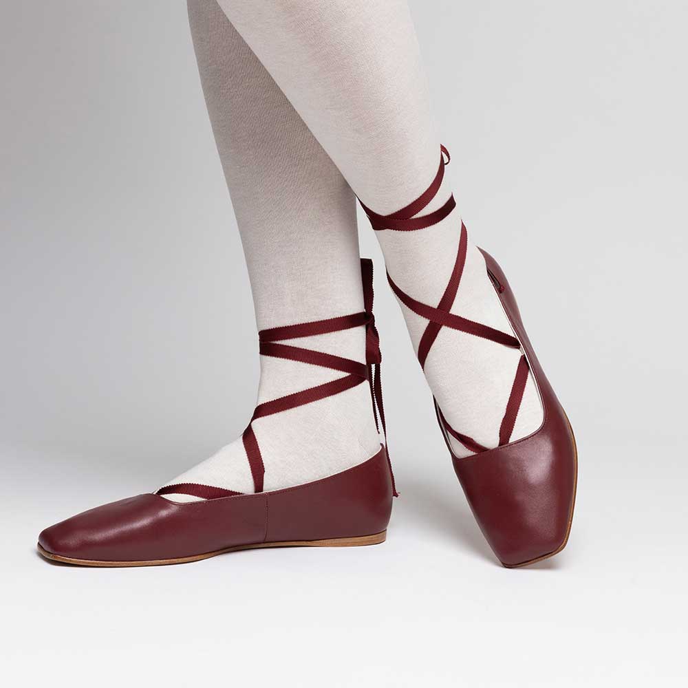 Maroon Vegan Leather Square Toe Lace-Up Comfortable Ballet Flats