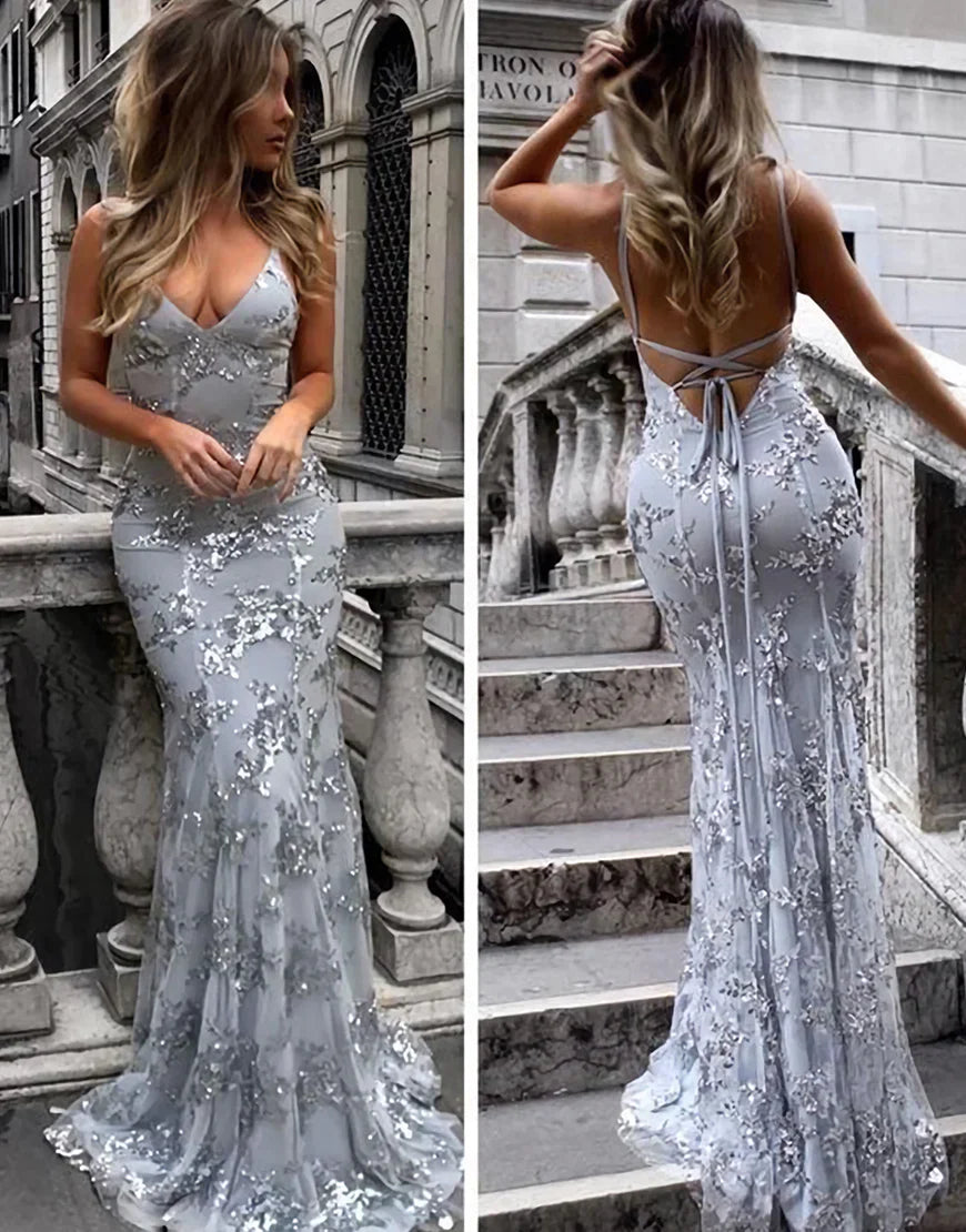 Mermaid Sequins Backless Long Prom Dress
