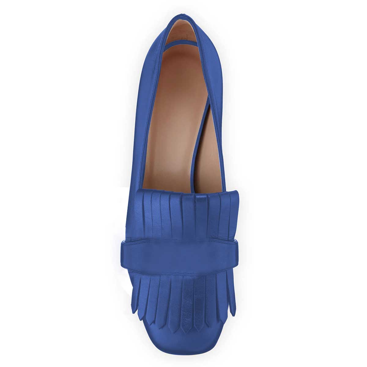 Blue Fringed Square Toe Block Heel Platform Loafers for Women