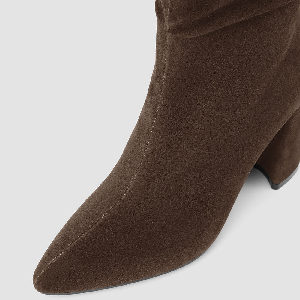 FSJ Brown Vegan Suede Almond Toe Fold Over Fuzzy Knee High Boots