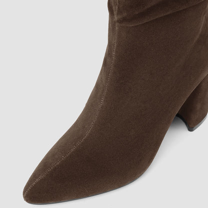 FSJ Brown Vegan Suede Almond Toe Fold Over Fuzzy Knee High Boots