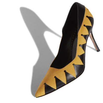 Yellow & Black Vegan Suede Geometric Patchwork Stiletto Heels Pumps
