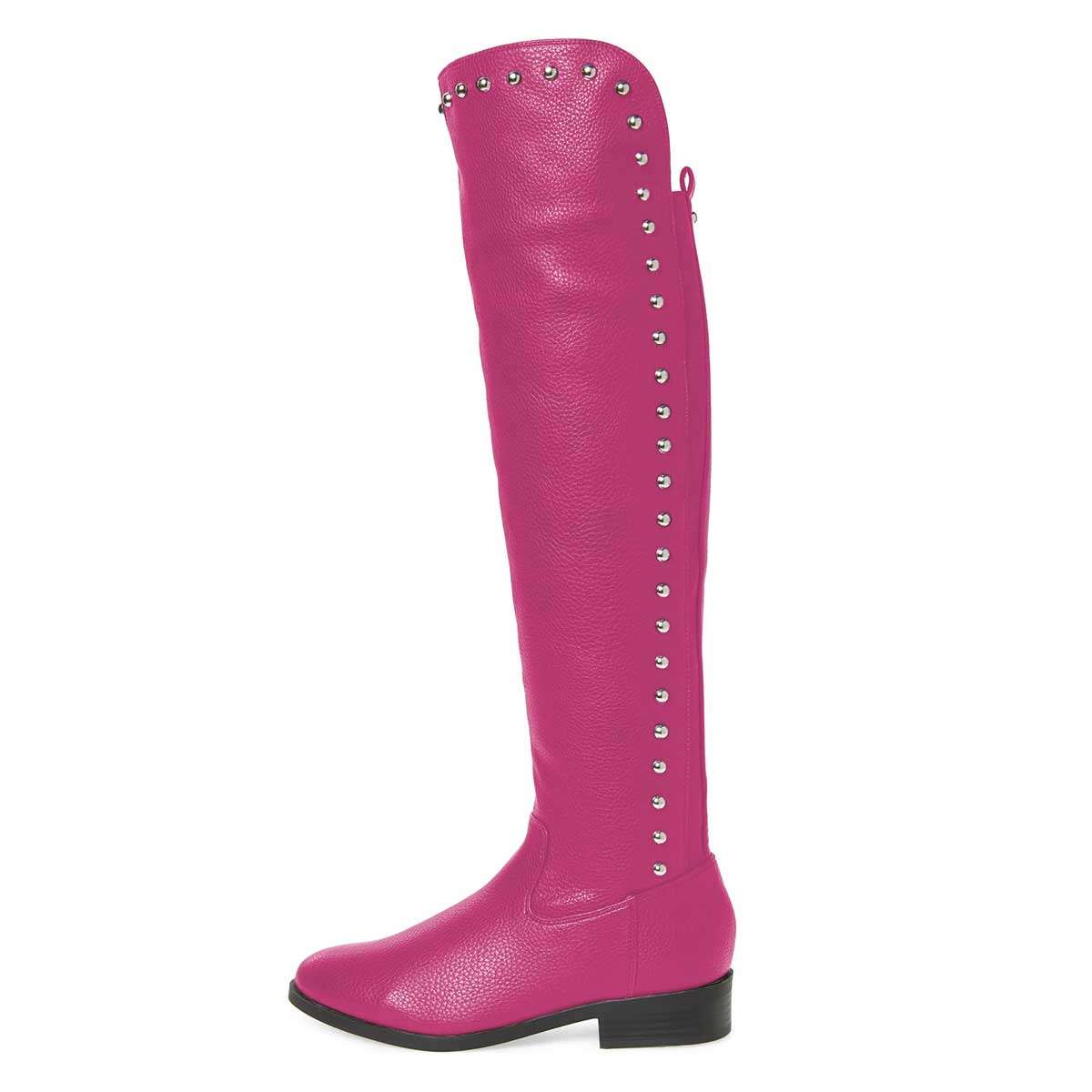 Fuchsia Studded Round Toe Flat Knee High Boots for Women