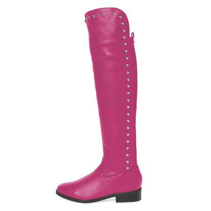 Fuchsia Studded Round Toe Flat Knee High Boots for Women