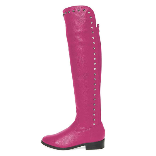 Fuchsia Studded Round Toe Flat Knee High Boots for Women