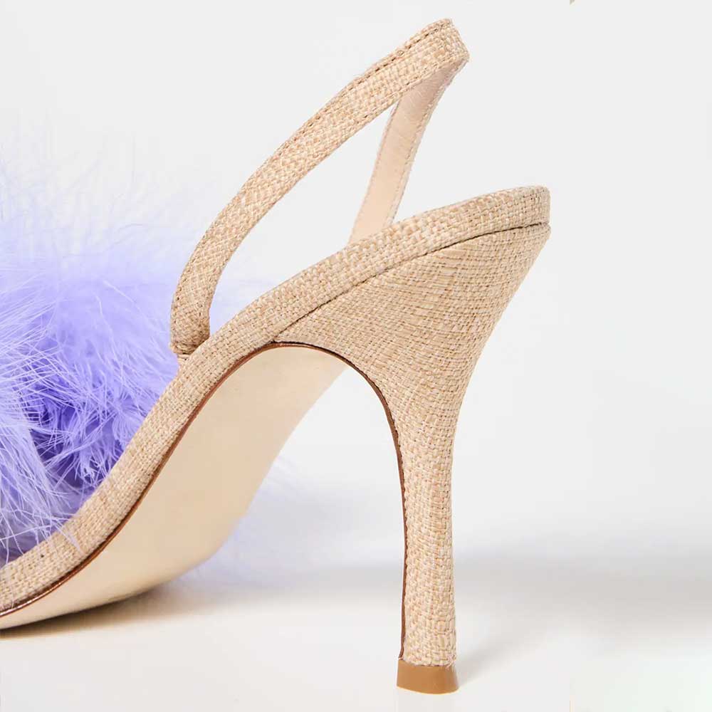 Beige & Purple Woven Raffia Feather Trim Slingback Heeled Sandals