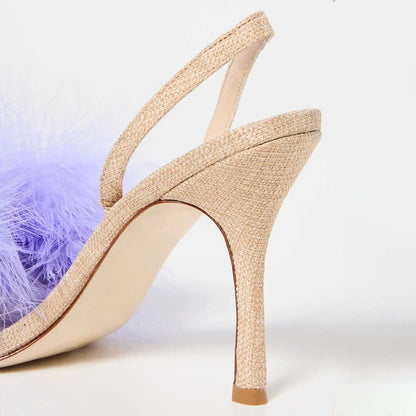 Beige & Purple Woven Raffia Feather Trim Slingback Heeled Sandals