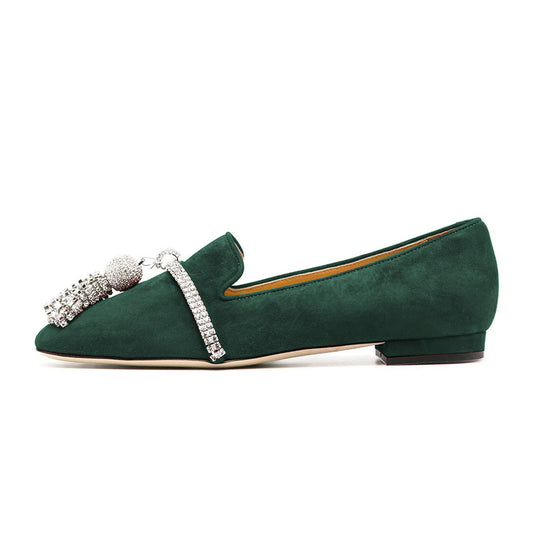 Green Vegan Suede Rhinestone Ornament Flat Loafers for Women