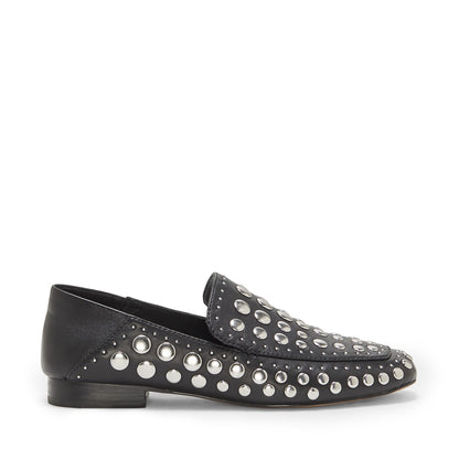 Black Square Toe Fashion Flat Women's Loafers with Silver Studs