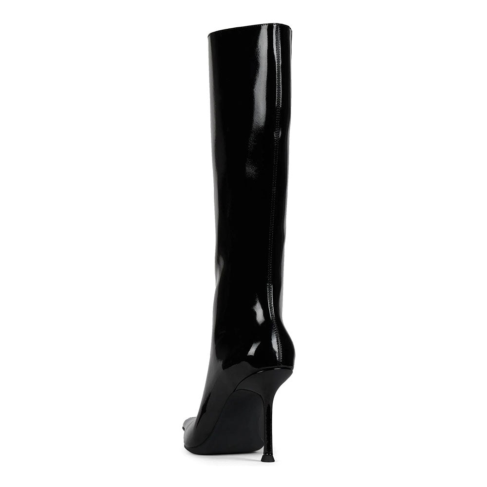 Black Patent Leather Stiletto Heel Pull-On Mid Calf Boots for Women