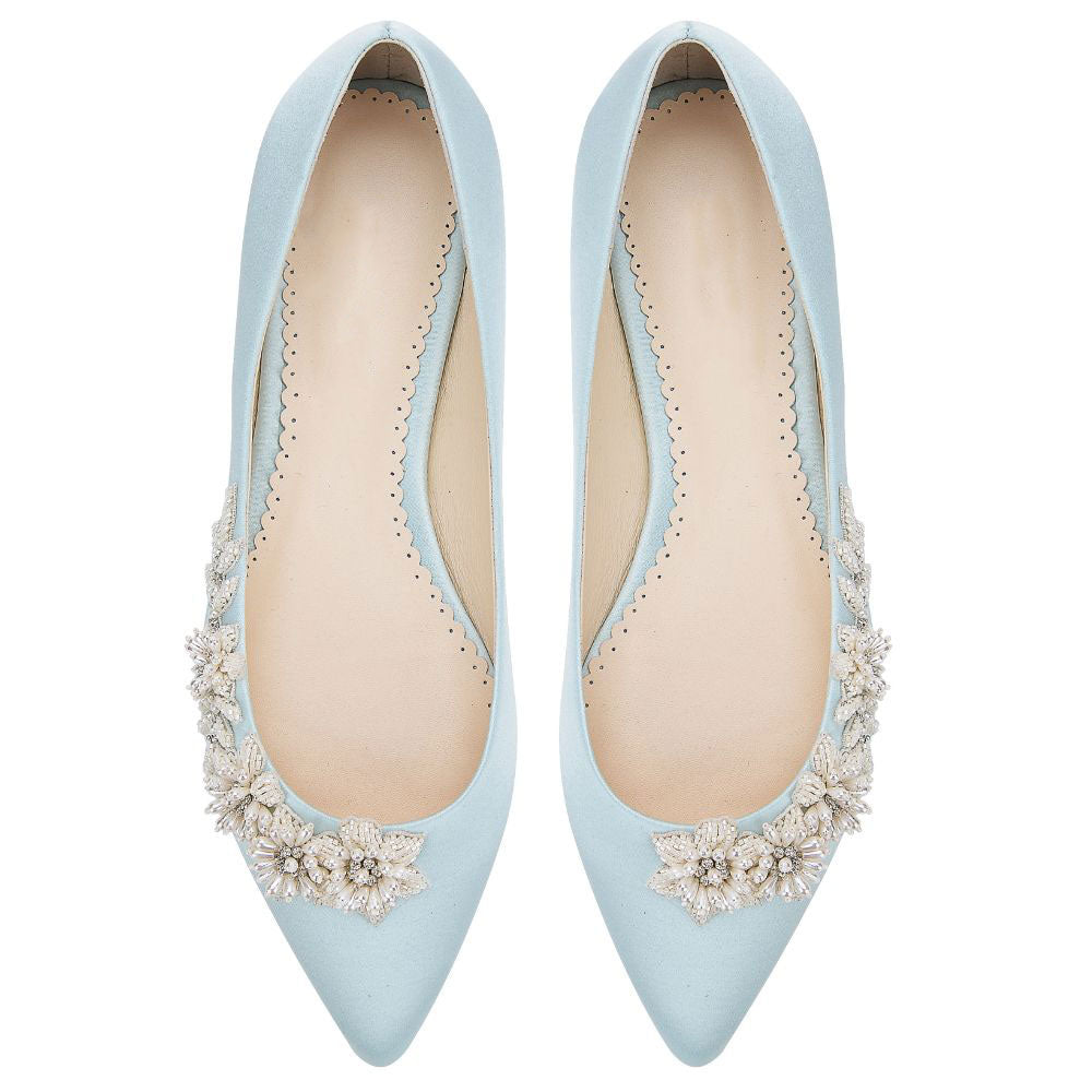 Blue Satin Pointed Toe Pearl Floral Embellished Wedding Flats