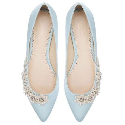 Blue Satin Pointed Toe Pearl Floral Embellished Wedding Flats