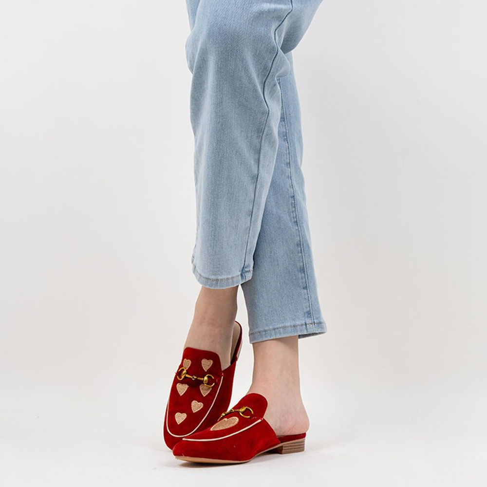 Red Vegan Suede Heart Embroidered Horsebit Mule Loafers