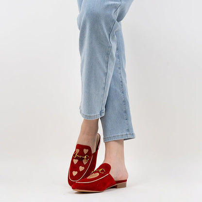 Red Vegan Suede Heart Embroidered Horsebit Mule Loafers