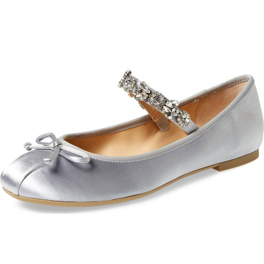 FSJ Women's Satin Round-Toe Rhinestone Strap Ballet Flats in Silver