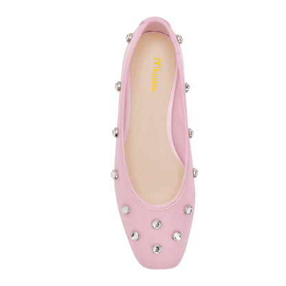 Mesh Ladies' Cute Square Toe Pink Ballet Flats with Studded Rhinestone