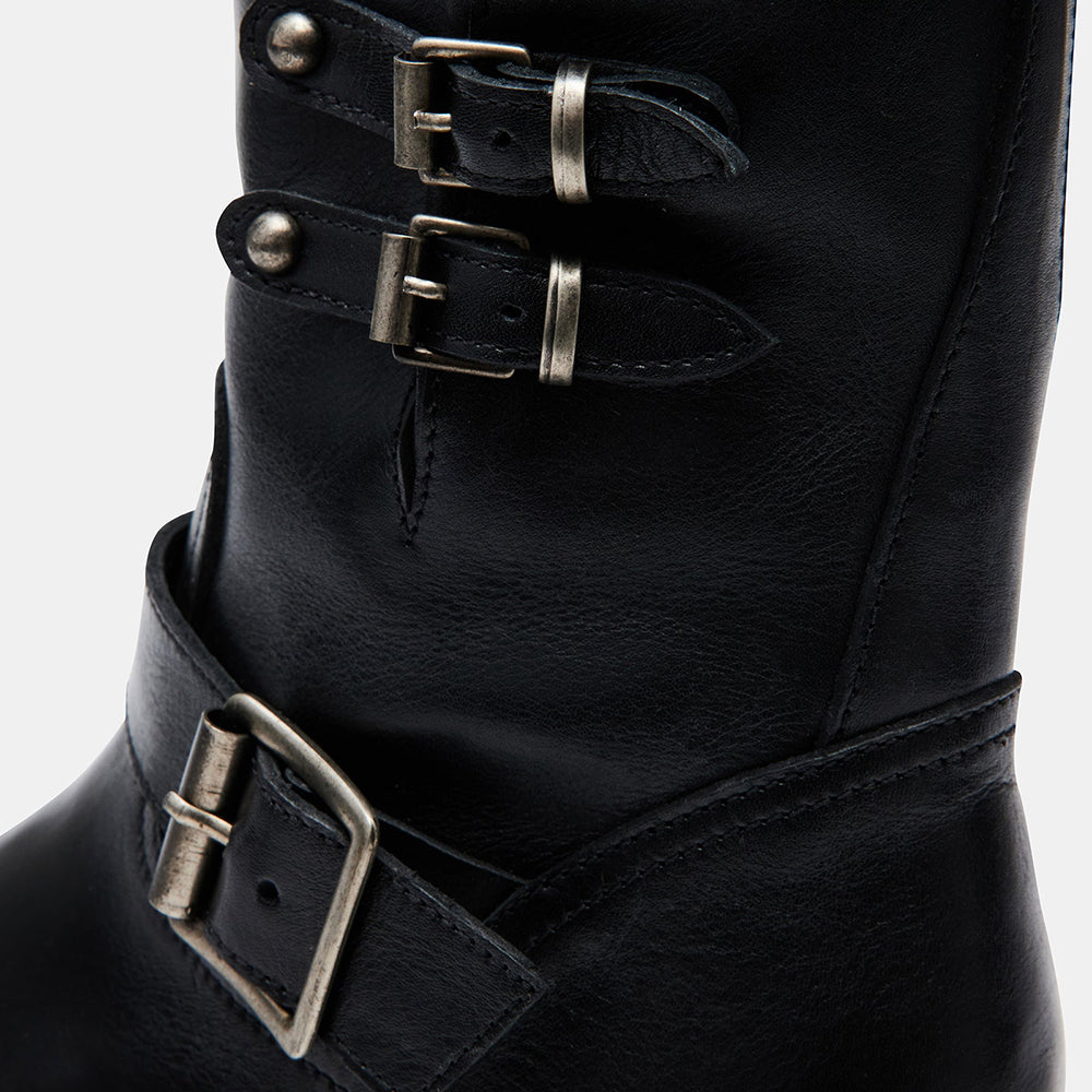 Black Round Toe Low Chunky Heel Buckled Ankle Boots