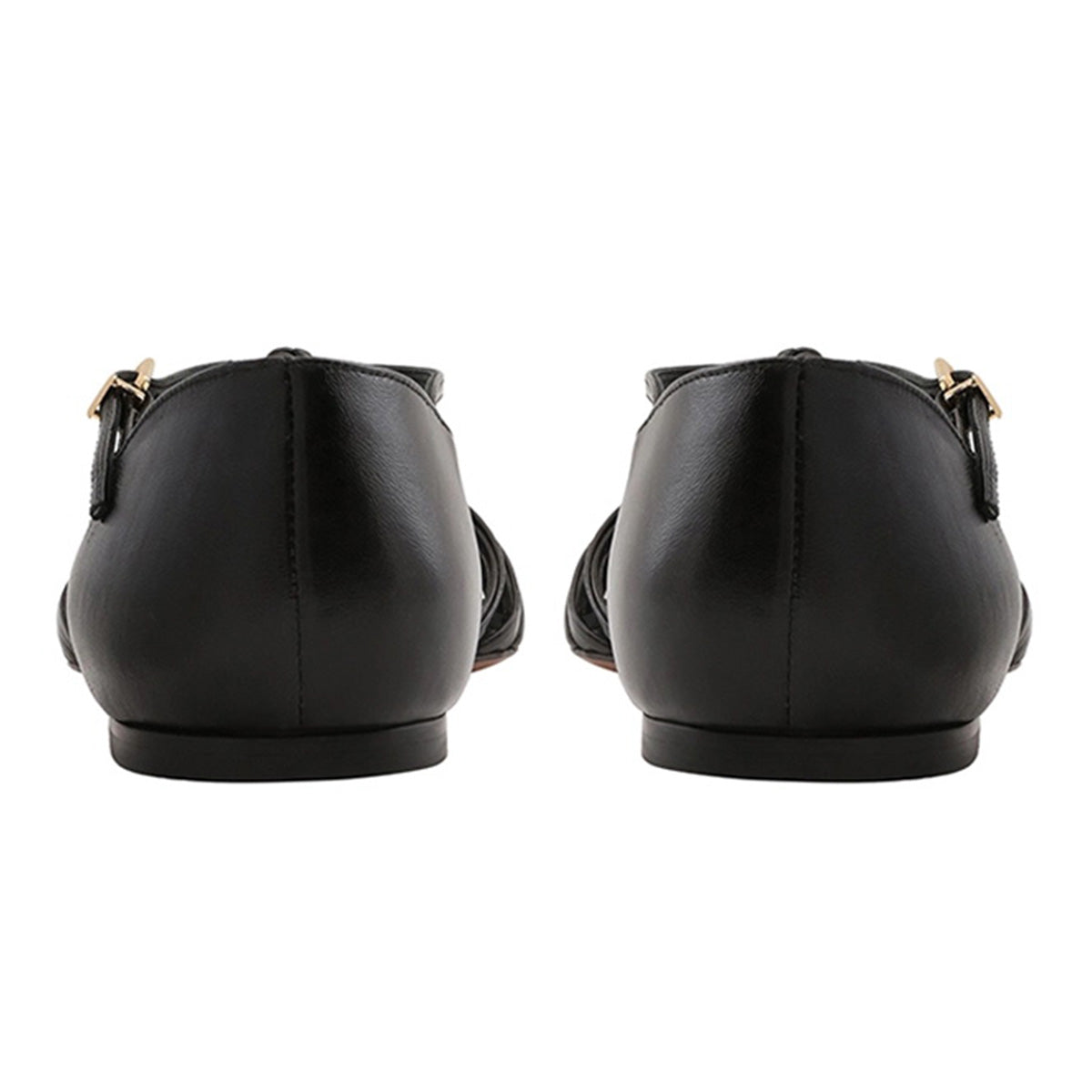 Black Woven T-Strap Caged Flat Sandals for Women with Buckle