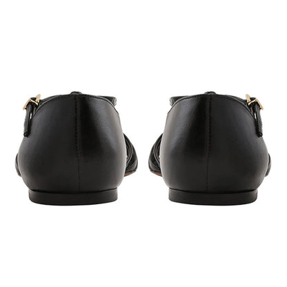 Black Woven T-Strap Caged Flat Sandals for Women with Buckle