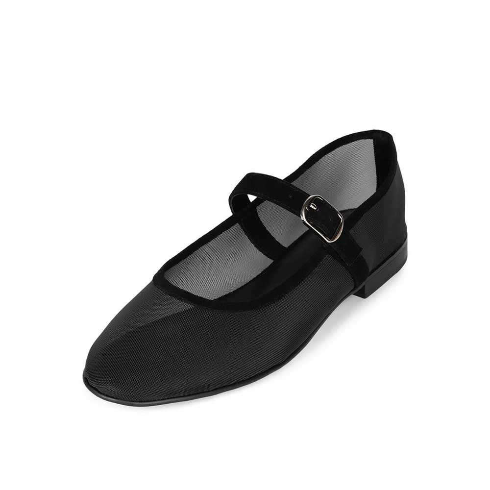 Black Mesh Round Toe Mary Jane Ballet Flats
