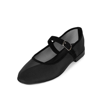 Black Mesh Round Toe Mary Jane Ballet Flats