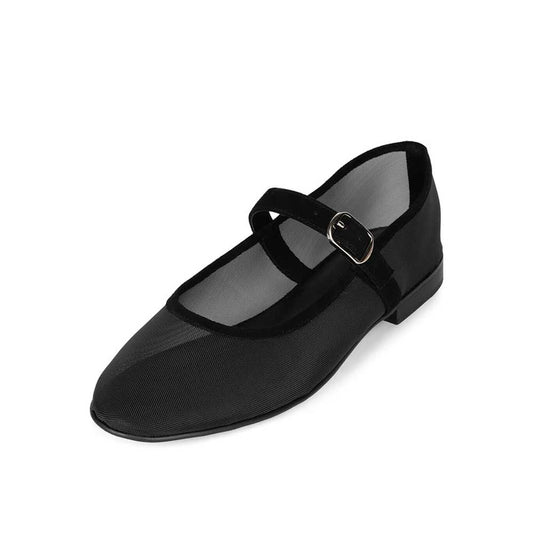 Black Mesh Round Toe Mary Jane Ballet Flats