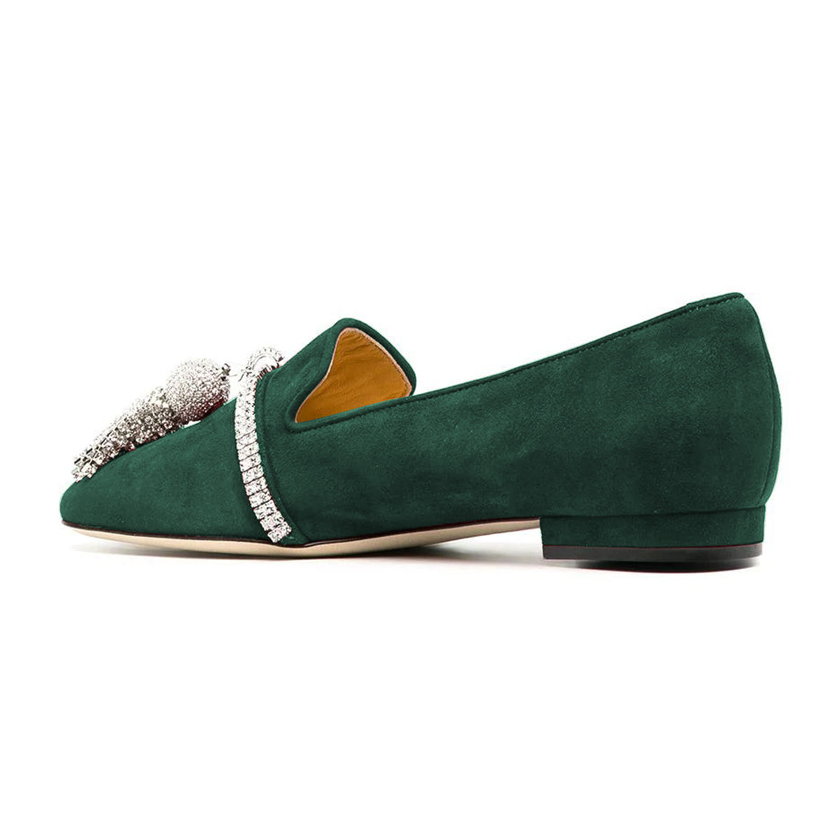 Green Vegan Suede Rhinestone Ornament Flat Loafers for Women