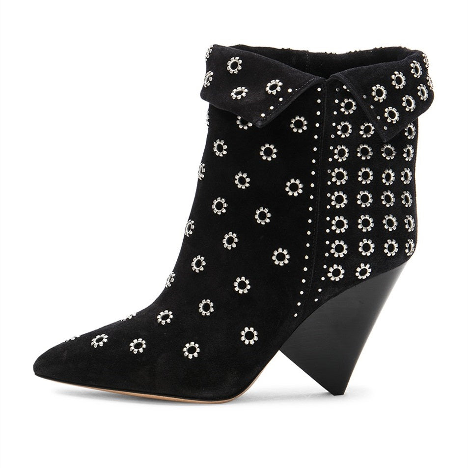 Black Grommets Embellished Pointed Toe Cone Heel Fold-over Ankle Boots