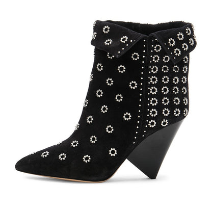 Black Grommets Embellished Pointed Toe Cone Heel Fold-over Ankle Boots