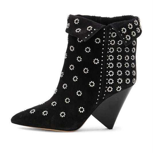 Black Grommets Embellished Pointed Toe Cone Heel Fold-over Ankle Boots