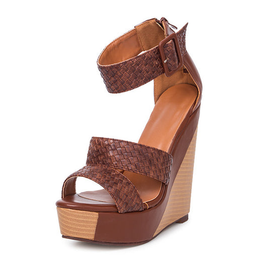 Women's Brown Open-Toe Woven Triple Strap Wedge Sandals with Platform