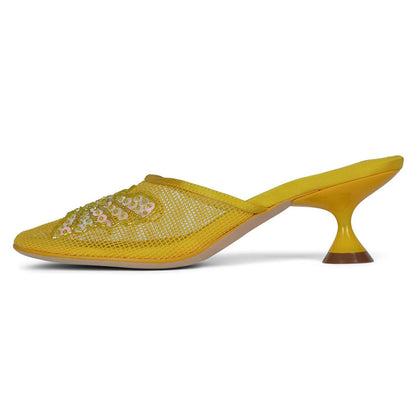 Yellow Mesh & Satin Square Toe Mules Shoes with Sequin Butterfly