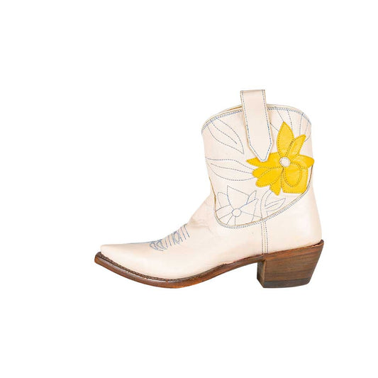 White Snip Toe Chunky Heel Yellow Floral Inlay Cowgirl Ankle Boots