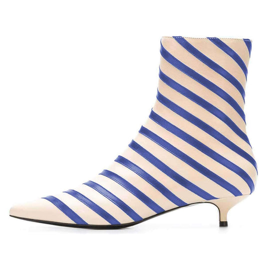 Beige and Blue Kitten Heel Boots Stripes Ankle Boots