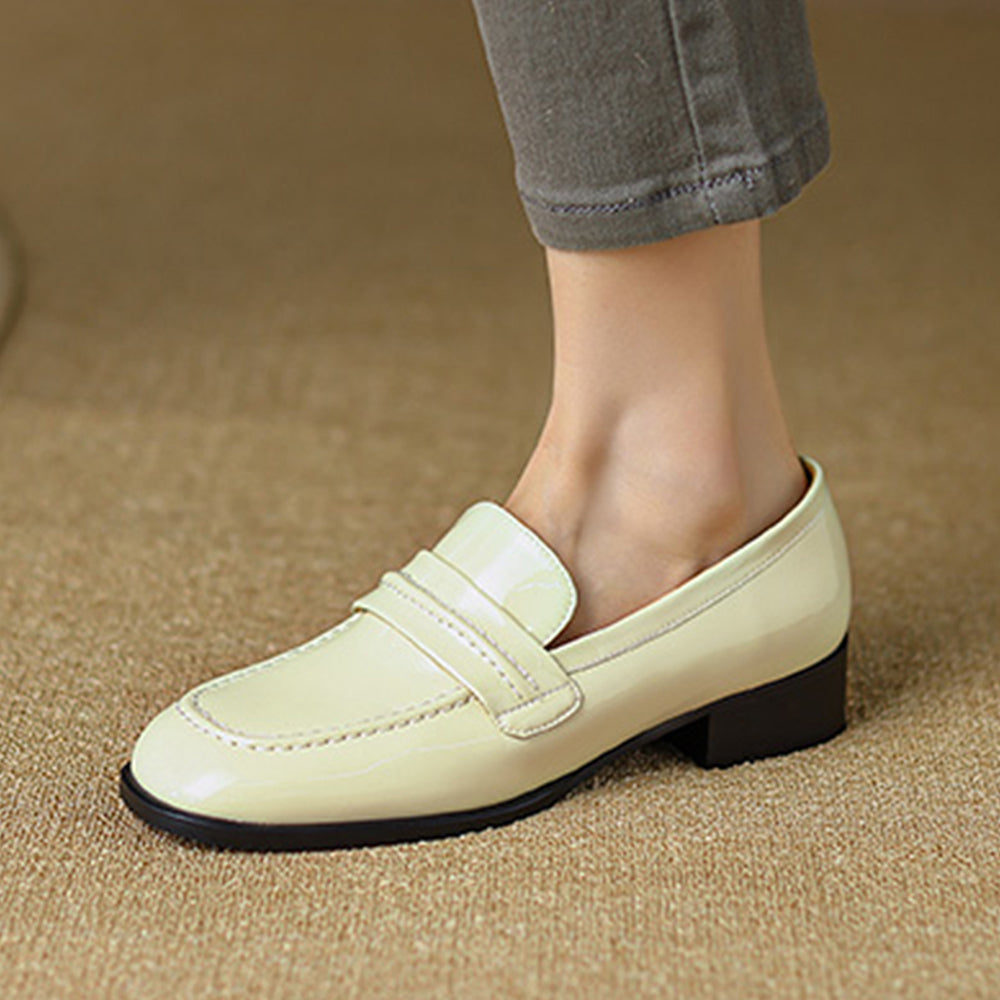 White Patent Leather Closed Toe Chunky Heel Formal Loafers