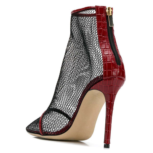 Black Mesh Pointed Toe Maroon Stiletto Heel Ankle Boots