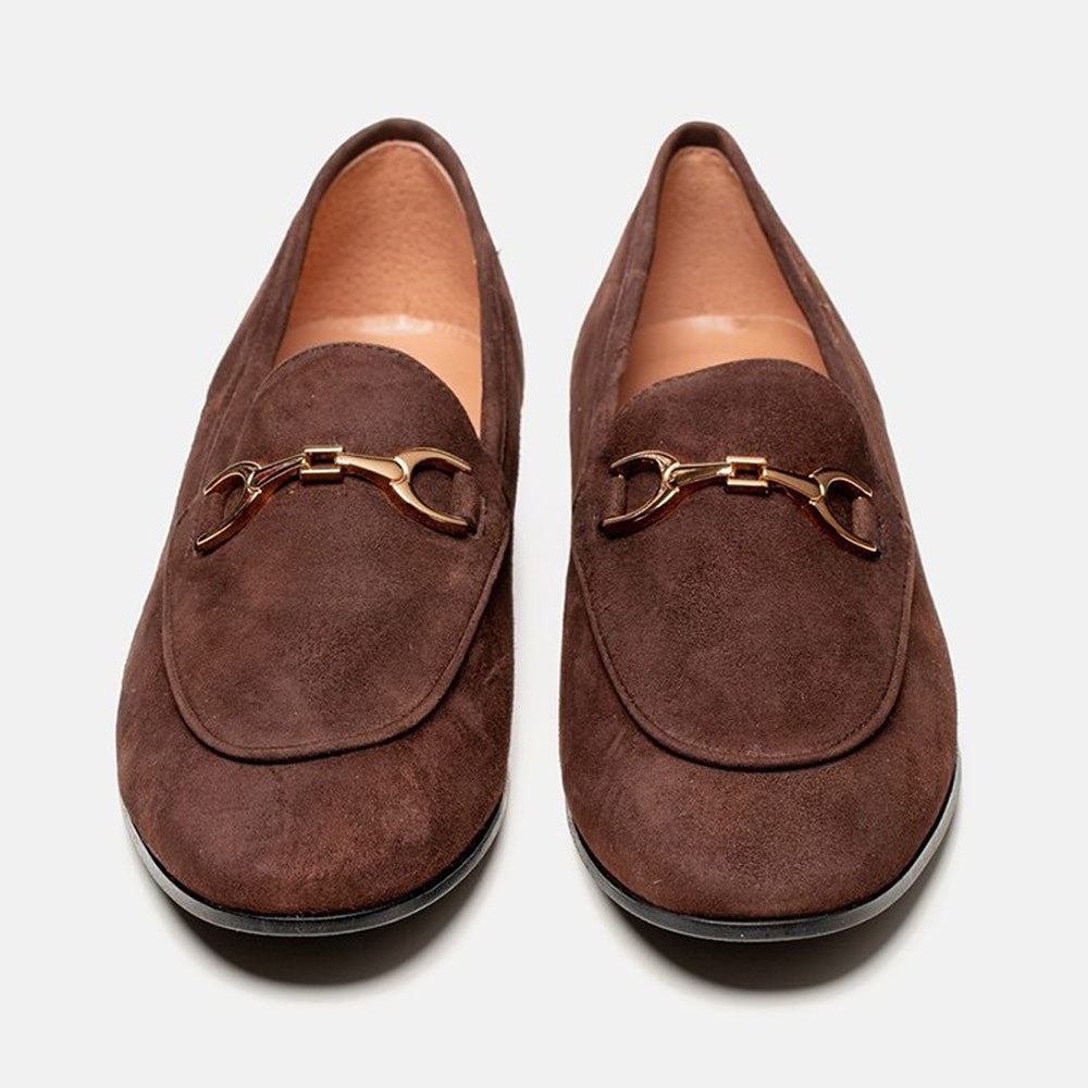 Brown Faux Suede Round Toe Formal Flat Loafers with Chain