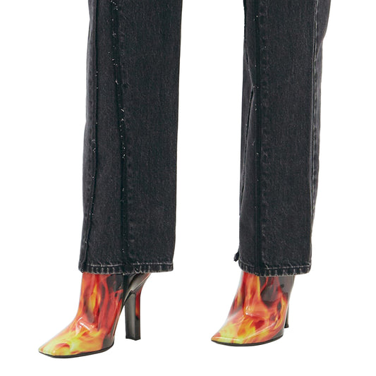 Black & Red Patent Leather Flame Stiletto Heel Square Toe Ankle Boots